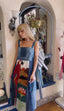 70s Vintage Denim Patchwork Midi Dress Art to Wear Hand-Stitched Parrot Design