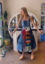 70s Vintage Denim Patchwork Midi Dress Art to Wear Hand-Stitched Parrot Design