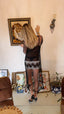 90s Vintage ROGIANI Netted Macramé Beaded Black Mesh Duster y2k