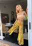 70s Vintage Geno California Sheer Linen Blend Wide-Leg Trouser Psychedelic Mod Floral Pant