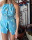60s Vintage Mod Daisy Swiss Dot Playsuit Set | Retro Blue Halter Shorts Set