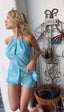 60s Vintage Mod Daisy Swiss Dot Playsuit Set | Retro Blue Halter Shorts Set