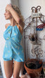 60s Vintage Mod Daisy Swiss Dot Playsuit Set | Retro Blue Halter Shorts Set