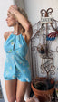 60s Vintage Mod Daisy Swiss Dot Playsuit Set | Retro Blue Halter Shorts Set