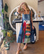 70s Vintage Denim Patchwork Midi Dress Art to Wear Hand-Stitched Parrot Design