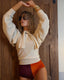 90s Vintage Sonia Rykiel Tie Neck Cropped Knit Sweater | Balloon Sleeve Pullover