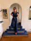 70s Vintage Denim Rainbow Belt Jumpsuit