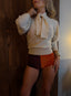 90s Vintage Sonia Rykiel Tie Neck Cropped Knit Sweater | Balloon Sleeve Pullover