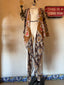 70s Vintage Sheer Tribal Print Waterfall Blouse | Brown Tie Front Boho Top