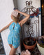 60s Vintage Mod Daisy Swiss Dot Playsuit Set | Retro Blue Halter Shorts Set