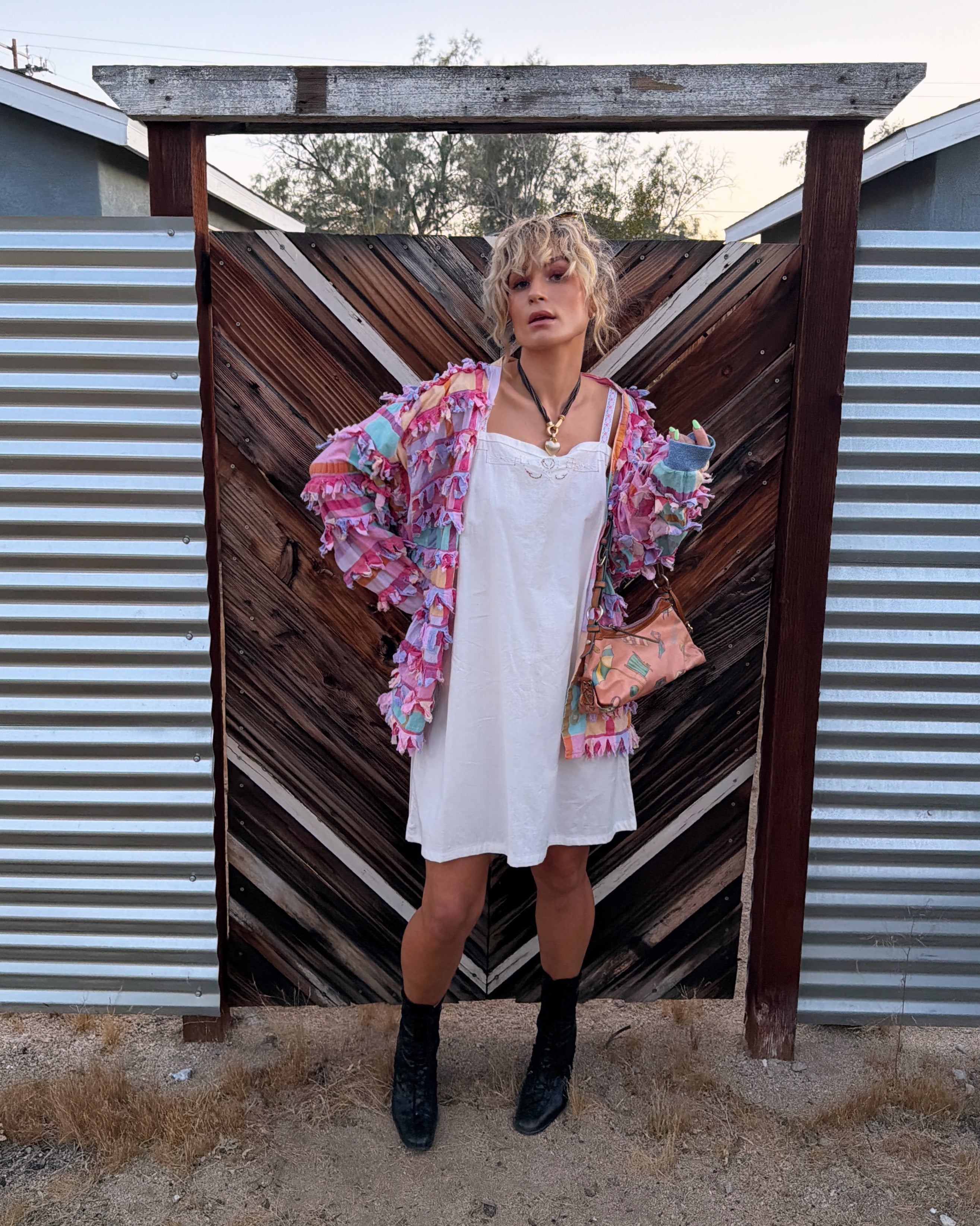 paula sweet フリンジ　カーディガン 80s peter max 80s Vintage Paula Sweet Muslin Mink Pastel Patchwork Fringe