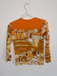 y2k bodycon long sleeve in orange pattern colorful 90s graphic long sleeve shirt retro cafe scene printed tee hanging on hanger showcasing back of shirt