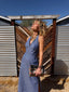 70s Vintage Mr. Boots Studded Denim Halter Maxi Dress