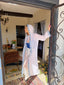 70s Rare Vintage Sheer White Hooded Duster With Blue Daisy Trim