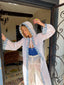 70s Rare Vintage Sheer White Hooded Duster With Blue Daisy Trim