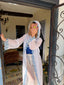 70s Rare Vintage Sheer White Hooded Duster With Blue Daisy Trim