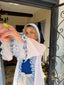 70s Rare Vintage Sheer White Hooded Duster With Blue Daisy Trim