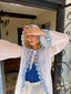 70s Rare Vintage Sheer White Hooded Duster With Blue Daisy Trim