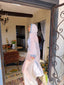 70s Rare Vintage Sheer White Hooded Duster With Blue Daisy Trim