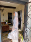 70s Rare Vintage Sheer White Hooded Duster With Blue Daisy Trim