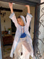 70s Rare Vintage Sheer White Hooded Duster With Blue Daisy Trim
