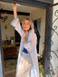 70s Rare Vintage Sheer White Hooded Duster With Blue Daisy Trim
