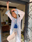 70s Rare Vintage Sheer White Hooded Duster With Blue Daisy Trim