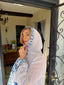 70s Rare Vintage Sheer White Hooded Duster With Blue Daisy Trim