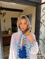 70s Rare Vintage Sheer White Hooded Duster With Blue Daisy Trim