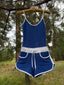 70s Vintage Sporty Spice Romper | Blue Retro Athletic Playsuit