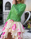 80s Vintage Norma Kamali OMO Airbrush Rose High Low Ruffle Skirt | Pink Floral Tiered Avant Garde Maxi