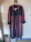 90s Vintage GET NAME USED by Elie Longline Denim Coat | Burgundy & Dark Indigo Distressed Maxi Trench