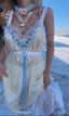 Contemporary Handmade One of One Bridal Set | White Lace & Blue Crochet Asymmetrical Maxi Dress Ensemble