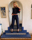 70s Vintage St. John Knits Nautical Jumpsuit | Navy Military Trim One Piece