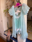 70s Vintage Aqua Daisy Peignoir Set | Sheer Chiffon Boudoir Lingerie