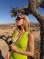 Late 80s Vintage Claude Montana Lime Green Zipper Bodycon Midi Dress