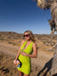 Late 80s Vintage Claude Montana Lime Green Zipper Bodycon Midi Dress