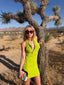 Late 80s Vintage Claude Montana Lime Green Zipper Bodycon Midi Dress