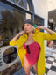 70s Vintage Yellow Hand Crochet Textured Hooded Cardigan