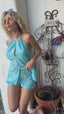 60s Vintage Mod Daisy Swiss Dot Playsuit Set | Retro Blue Halter Shorts Set