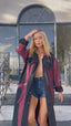 90s Vintage GET NAME USED by Elie Longline Denim Coat | Burgundy & Dark Indigo Distressed Maxi Trench
